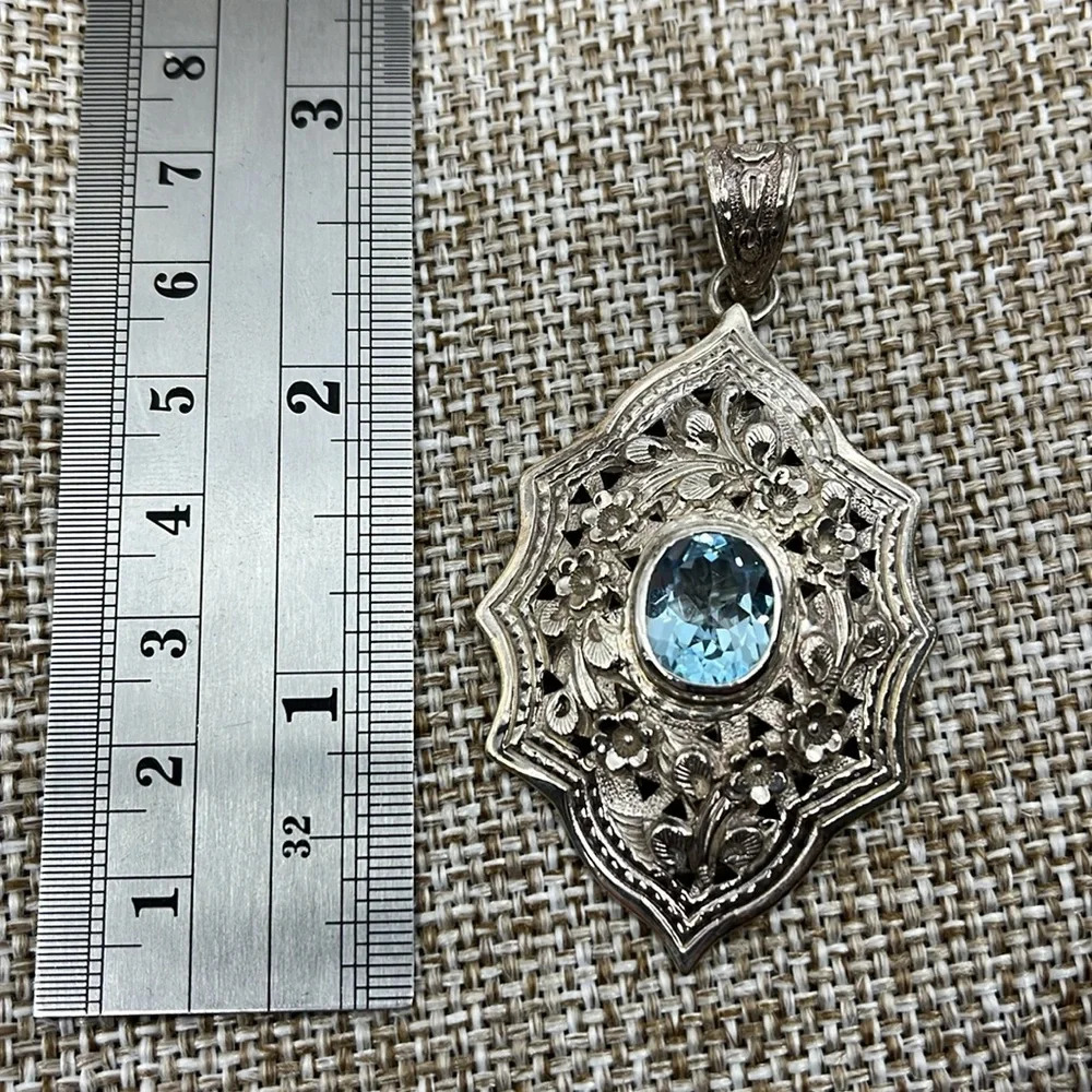 Vintage DS Designer Signed 925 Sterling Silver Blue Topaz Pendant - Picture 9 of 11